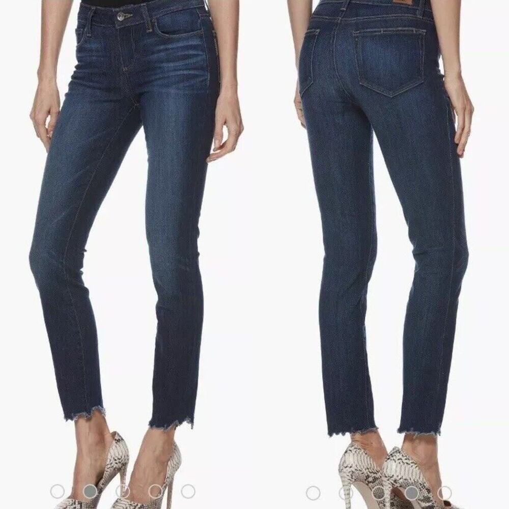 PAIGE Whiskered Verdugo Ultra Skinny Raw Hem Blue Wash Distressed Denim Jeans 27
